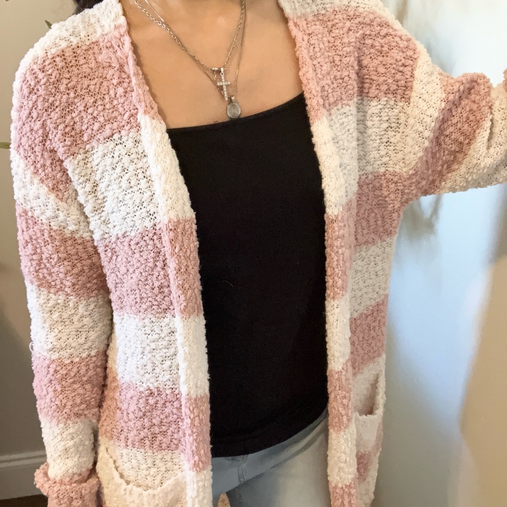 Moral Fiber Pink and White Striped Cardigan